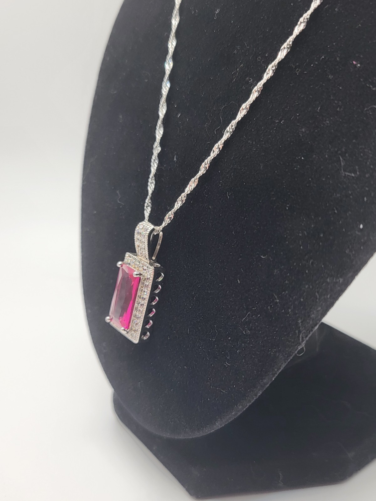 Emerald Cut Lab Pink Ruby Crystal  Silverplate Ro… - image 4