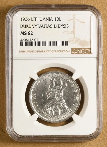 1936 Lithuania Silver 10 Litu 'Duke Vytautas Didysis' NGC MS62