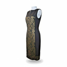 Tahari Arthur S. Levine Dress 12 Black Gold Brocade Sleeveless Sheath Preowned