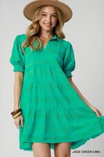 Jade Umgee Swiss Dot Jacquard Collared Tiered Short Dress w/ Smock Puff Sleeves