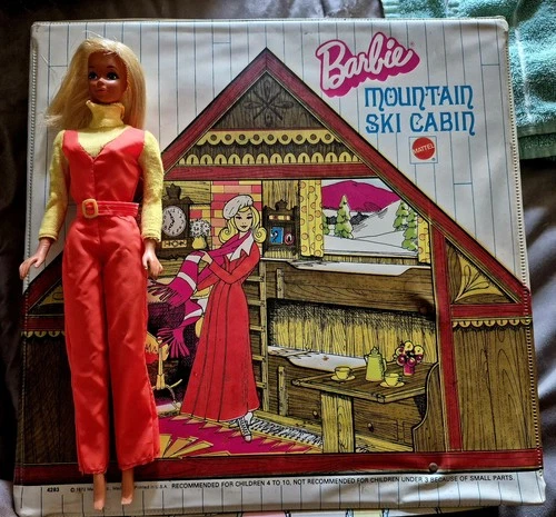 VINTAGE 1972 BARBIE MOUNTAIN SKI CABIN POP-UP PLAYSET MATTEL #4283 + SKI BARBIE