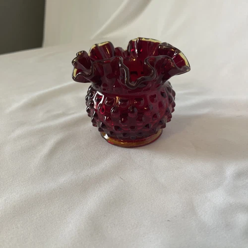VTG Fenton Amberina Hobnail Rose Bowl Crimped Ruffle Edge Vase, 3”