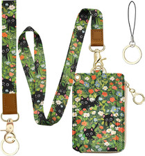 Cute 2-in-1 ID Badge Holder  Lanyard Wallet, Black Cat Floral Wallet with Remov