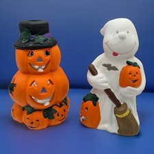 Vtg Lot Of 2 Handpainted Ceramic Ghosts &Jack O Lantern Lightable Halloween Deco