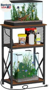 10 Gallon Fish Tank Stand with Power Outlets 3 Tier Aquarium Shelf Rustic Brown