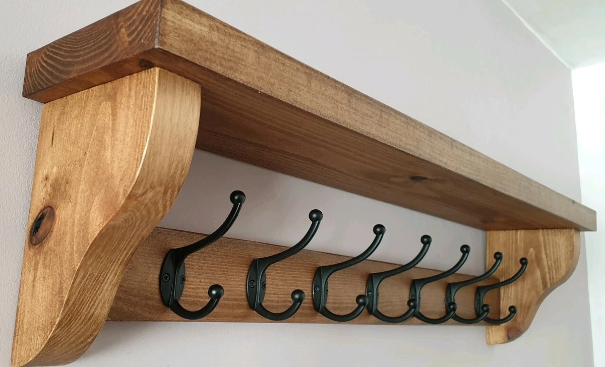 Coat Rack+Shelf Floating Rustic Handmade Wall Mounted 7 Black