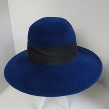 Makins New York Blue Wool Felt Wide Brimmed Ladies Hat with Black Ribbon Band