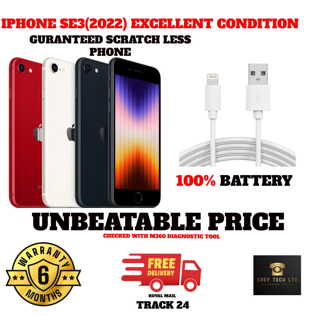 APPLE IPHONE SE 2022 3rd Gen 5G-64GB-128GB-256GB- BATTERY 100% ALL