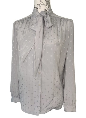 FORBAT Womens Vintage 80s Silver Grey Pussy Cat Bow Long Sleeve Top Fit 12 - 14