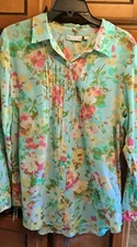 Ladies J. Jill Uncommon Threads Button Front Teal Top Embroidered Accents Med