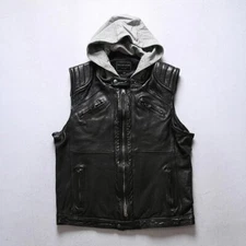 New Men's Motorcycle Biker Black Leather Vest With Detachable Hood