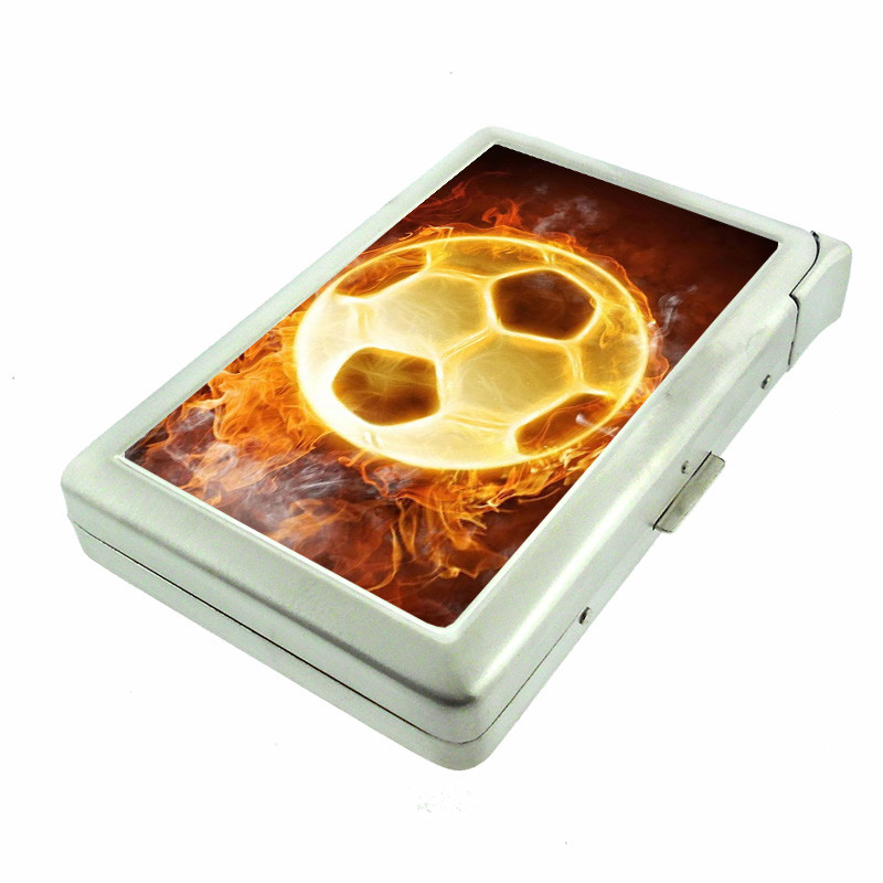 soccer ball cigarette holder Soccer Ball Fire Em1 Cigarette Case with Built in Lighter Metal Wallet
