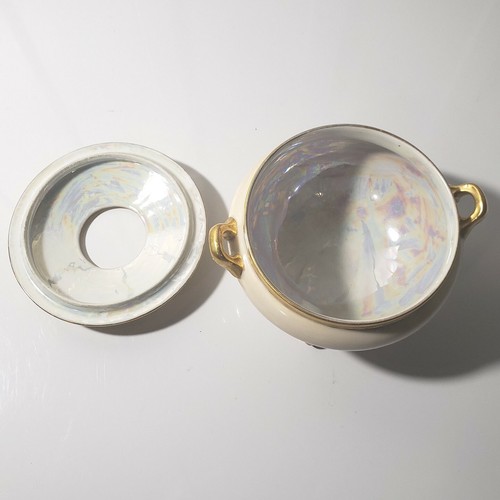 Vtg Footed Porcelain Hair Receiver Signed Ivory/Gold Trim Iridescent Inside - Foto 5 di 14