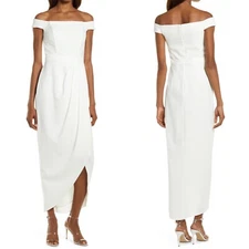 NEW XSCAPE Ivory OFF THE SHOULDER Tulip Hem STRETCHY CREPE Pleated GOWN 2