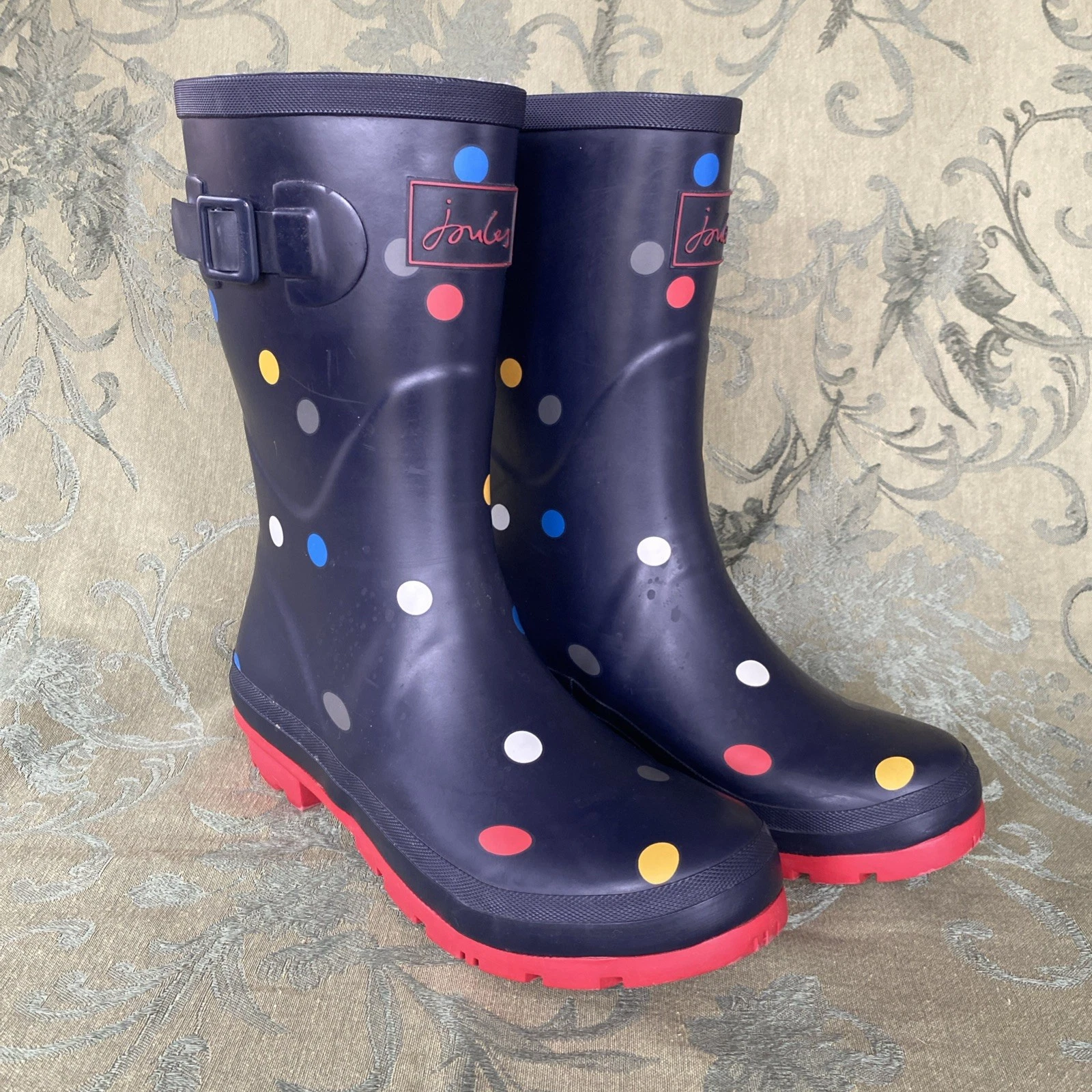 Joules Women's US Size 8 Colorful Polka Dot Molly Welly Mid Calf Rain Boots EUC
