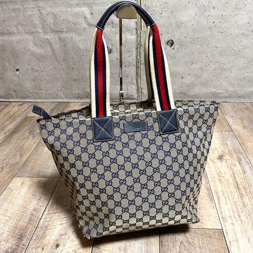 Gucci Mini Tote Bag Handbag Sherry Line Canvas Leather Gray Navy Women's Auth