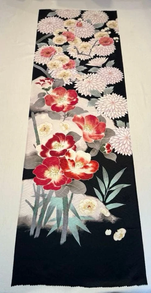 Tela de seda Kyoyuzen 40x124 cm patrón negro Tsubaki Dalia Kyoto textil Foto 2 de 4