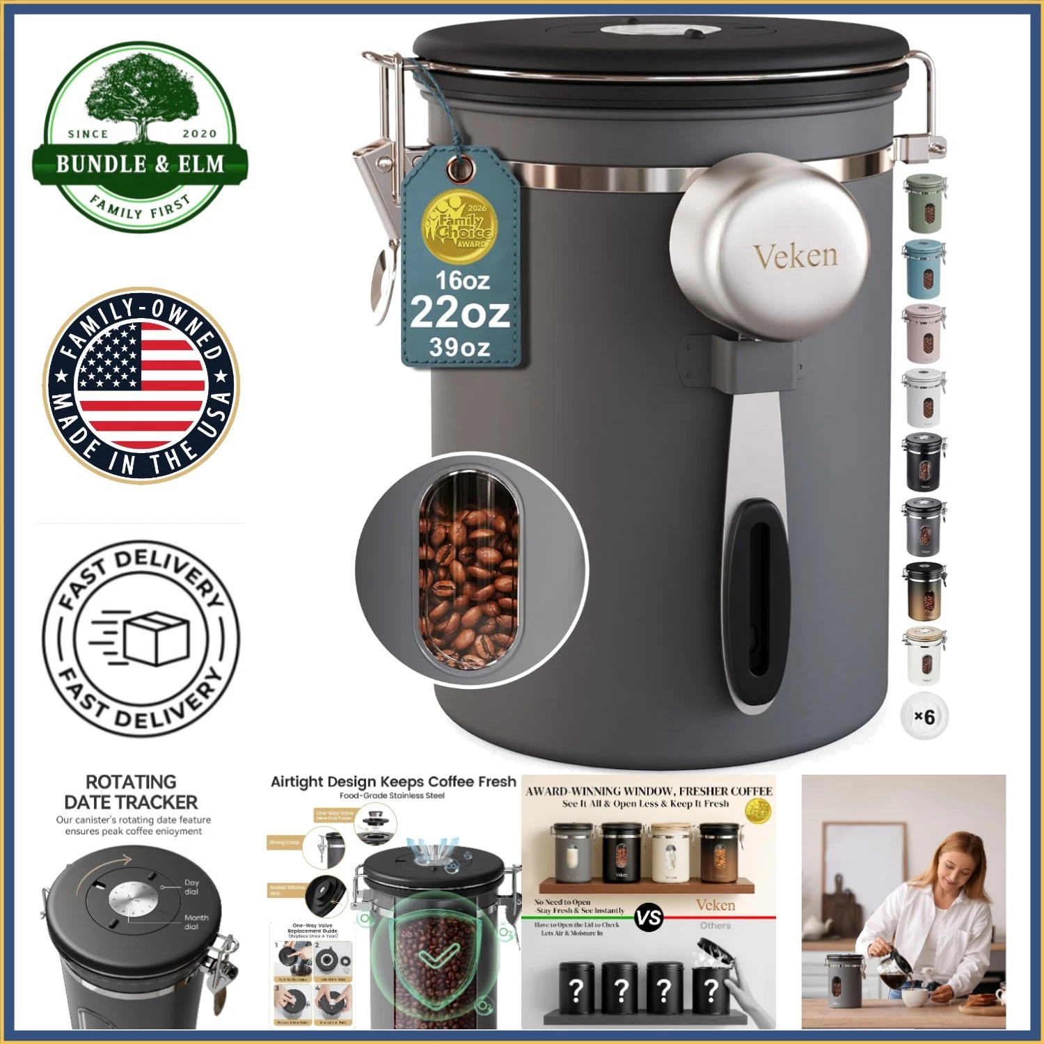 Airtight Coffee Canister with Window and Date Tracker for Grounds and Beans