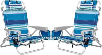 2Pk Aluminum Extra Wide 5-Position Lay Flat Folding Backpack Beach Chairs