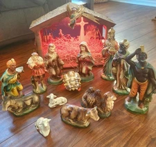 Vtg Handpainted NATIVITY SET 14 pc Musical Paper Mache Composition Japan W Box 