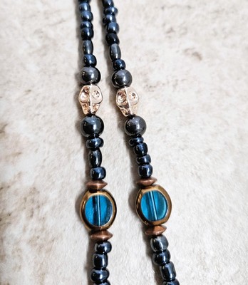 MINI SKULLS, Hematite, Teal Window Beads Eyeglass Chain  Necklace Lanyard
