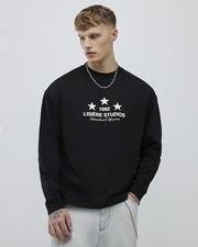 River Island Mens T-Shirt Black Long Sleeve Lisiere 1992 Crew Neck Tee Top