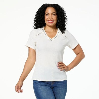 DG2 by Diane Gilman Knit Plissé V-Neck Top with Studded Trim Size L