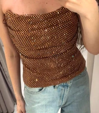 Zara Draped Rhinestone Strapless Top Bronze Brown Size S M 4772/006 New