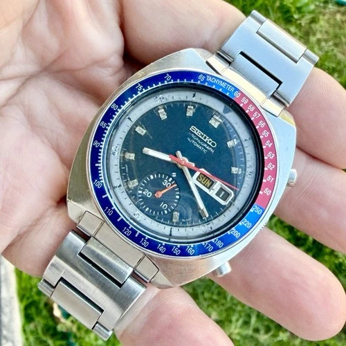 Seiko 6139-6002 Pogue Pepsi Automatic Chronograph Men's Watch Blue Dial RUNS!