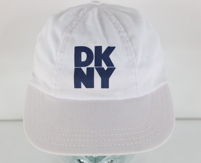 Vintage 90s Streetwear DKNY Spell Out Hat Cap Stretch Fit OSFM White Cotton USA