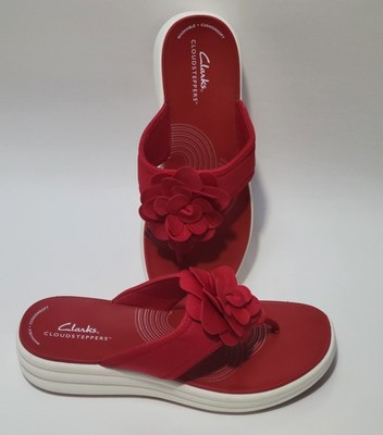 Clarks Cloudsteppers Thong Sandals Drift Flora Red Flip Flops Sz 8 Washable 