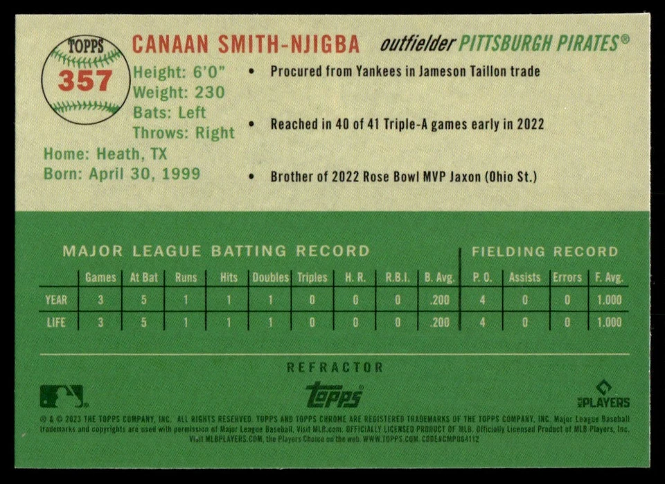 2023 Topps Chrome Platinum REFRACTOR Canaan Smith-Njigba Rookie Pittsburgh - Image 2 of 2