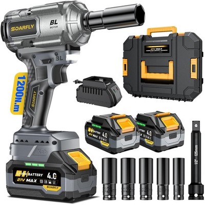 Akku Schlagschrauber 1200 Nm bürstenloser Motor Profi Set 2 Akkus Ladegerät S...