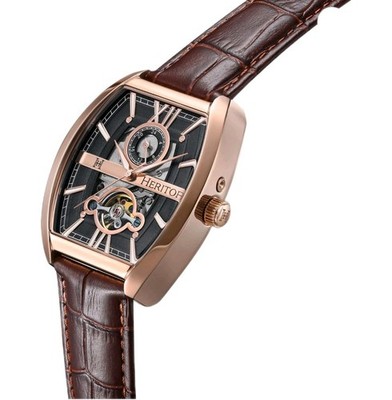 Heritor Mens Watch Rose Gold Brown Leather Band Semi Skeleton 21 Jewels 24 hour