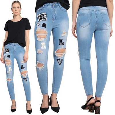 Damen Jeans Skinny Stretch zerrissen Patches Aufnäher Push Up Mid Waist SOTALA
