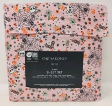 Cynthia Rowley Queen Size Pink Halloween Sheet Set With Flowers Skulls And Webs