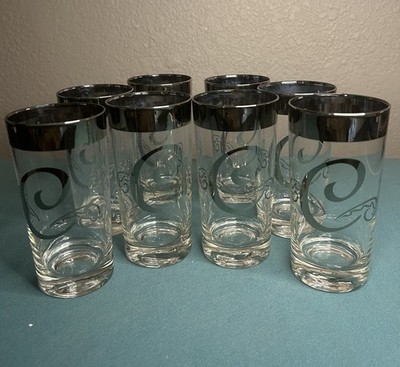 Vintage MCM Dorothy Thorpe Silver Rim ''C'' Monogram Highball Bar Glasses Set of 8