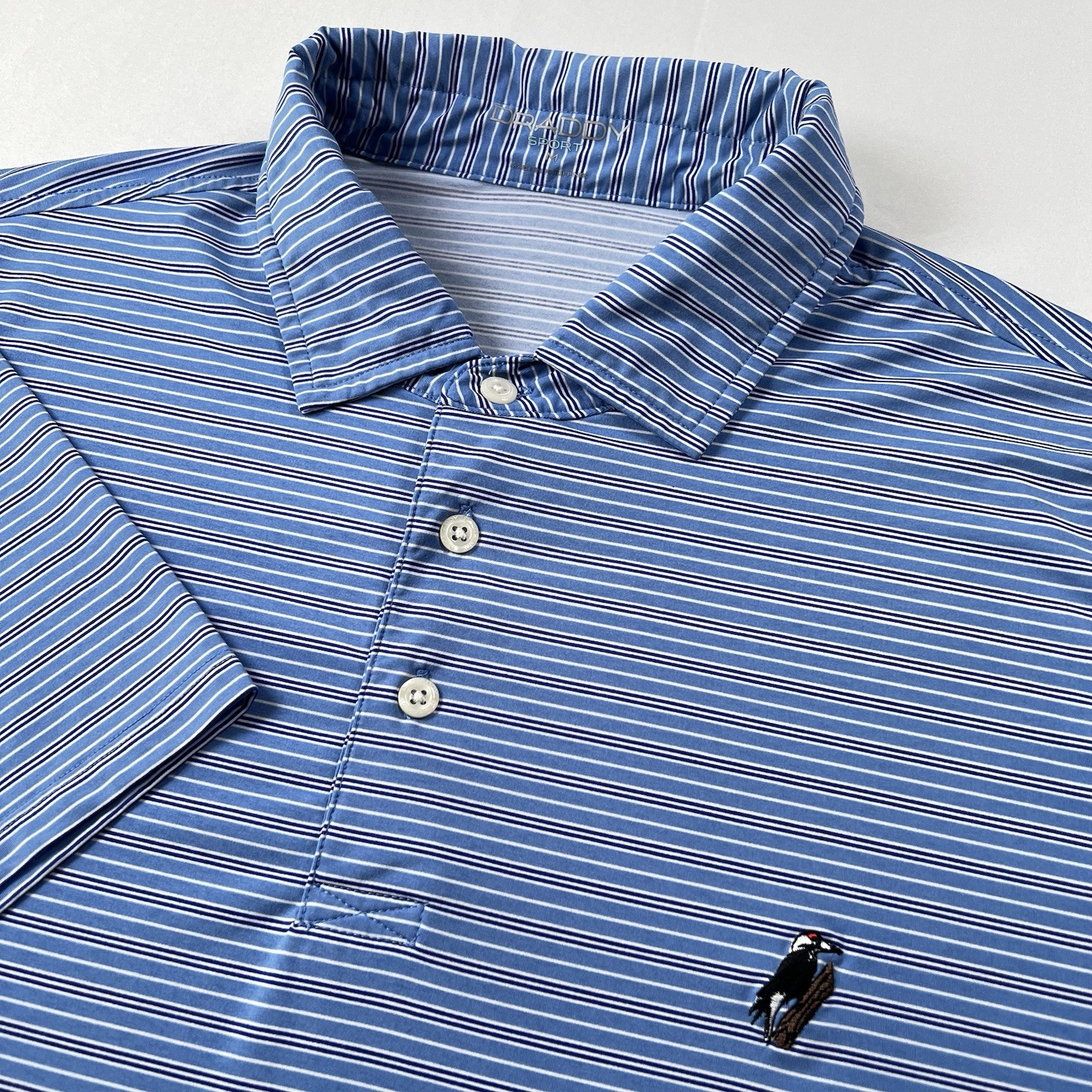 B Draddy Sport Men’s Med Polo Shirt Performance Stretch Blue White Stripe Golf