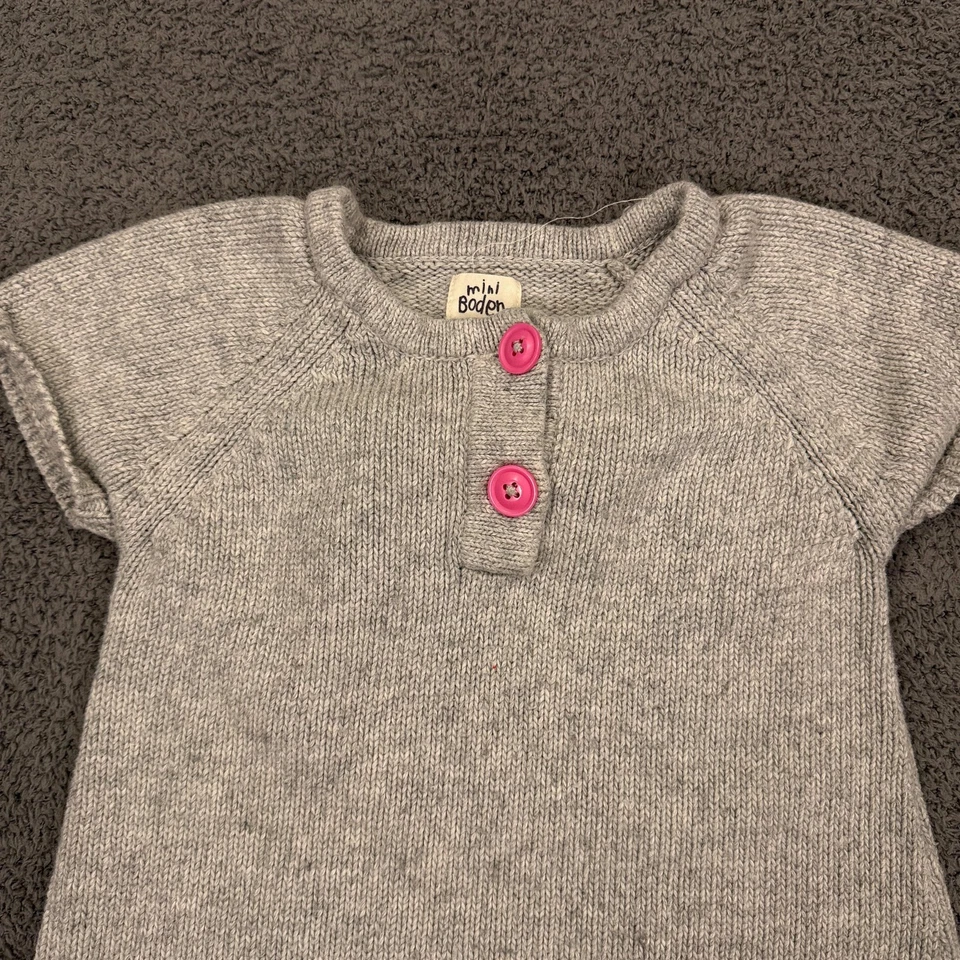 Mini Boden Dress Girls 3-4Y Gray Knit Sweater Short Sleeve Flower Pink Buttons - Image 3 of 4
