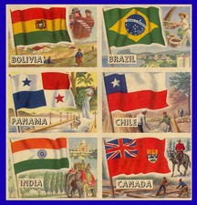 1956 Topps Flagi Świata 6 kart NIECIĘTY PANEL - Brazylia Chile Indie Kanada +2