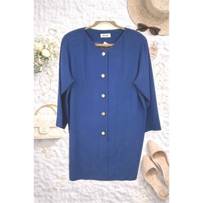 Wms Vtg 80s Longline Tunic Jacket 14 Royal Blue Gold Buttons Minimalist Rouie