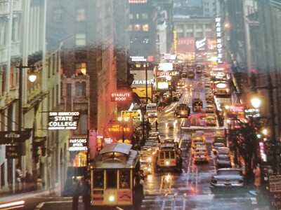 San Francisco Powell St Hill Busy Cable Cars Vtg Postcard Twilight Neon Signs