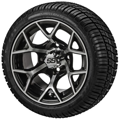 (4) Golf Cart 215/35R12 Deli Radial Tires on 12x7 Black/Machined Ninja Wheels