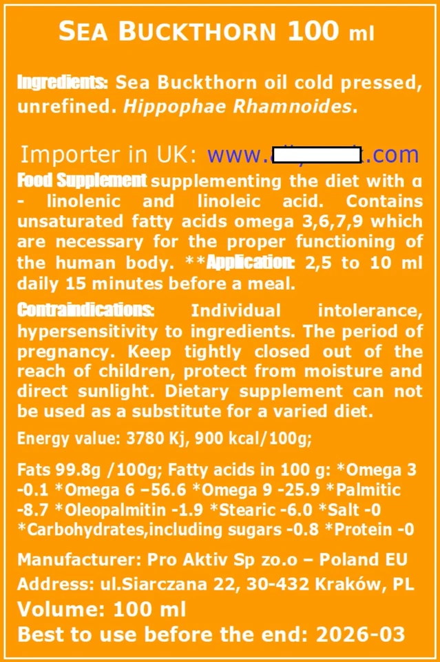 100ml Oil 100% SEA BUCKTHORN, ROSEHIP, CEDAR, NIGELLA, JUNIPER HAWTHORN Proaktiv - Image 2 of 4
