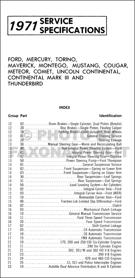 Ford 1971 manual de especificaciones de servicio Mustang Torino Ranchero Galaxie T Bird Foto 2 de 3
