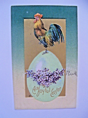 Vintage Joyful Easter Rooster Perched On Top of Easter Egg / Gold Gild/ Embossed