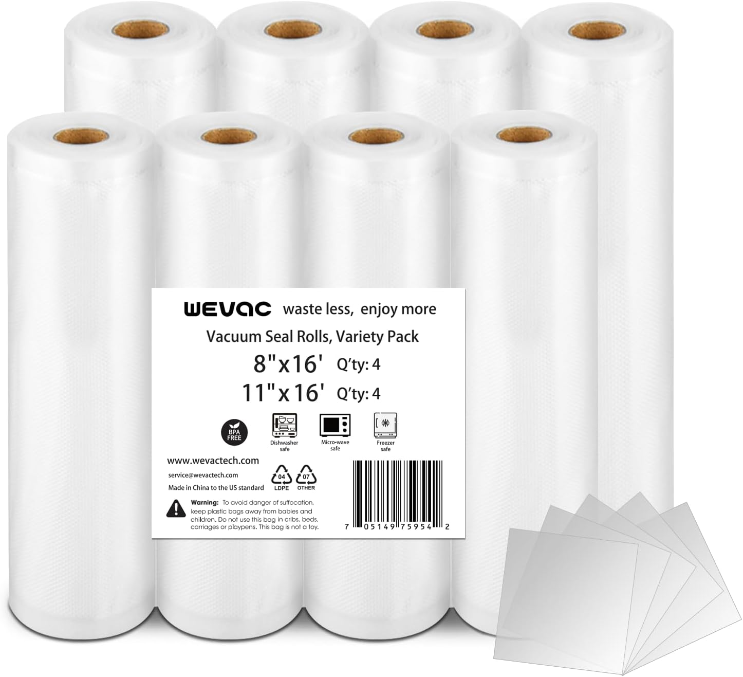 8 Pack 11x16 & 8x16 Vacuum Sealer Rolls for Food Saver and Weston Machines