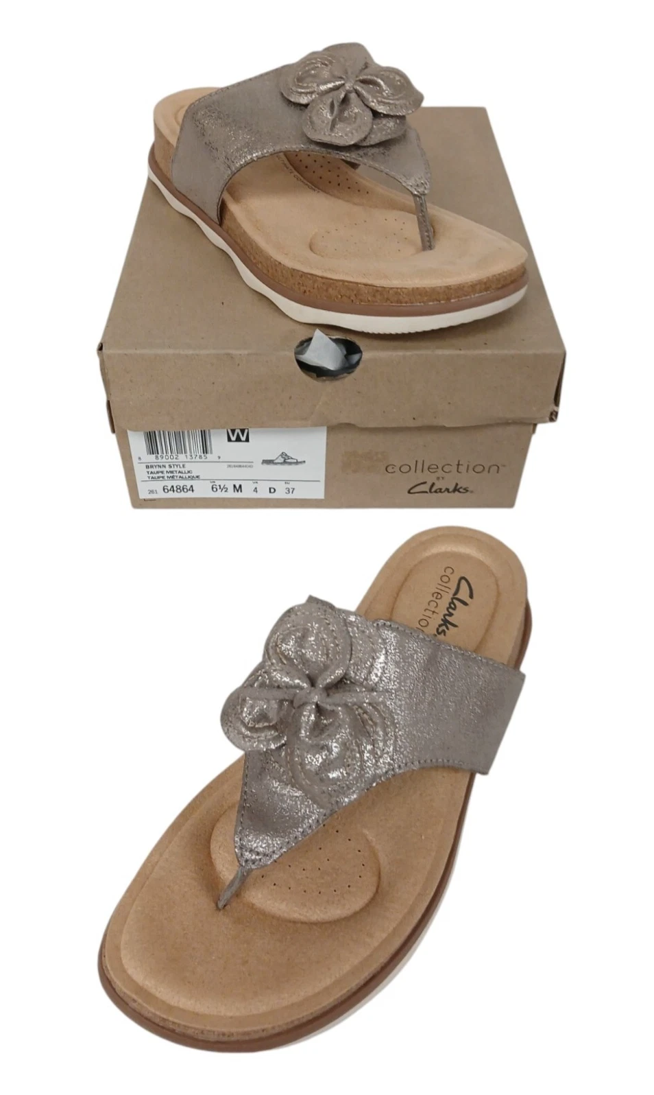 Clarks Womens Collection Brynn Style Flat Sandals Taupe Metallic SIZE: 6.5 M