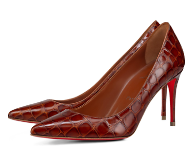 Christian Louboutin Kate 85 Brown Calf Ali Croc Pointed Toe Heel Christian Louboutin Kate 85 Brown Calf Ali Croc Pointed Toe Heel