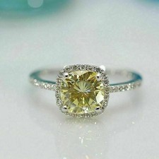 2.5Ct Simulated Cushion Canary Yellow Diamond 14K White Gold Plated Wedding Ring